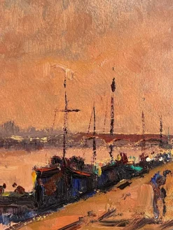 Pamono Manfredi, Boats on the Seine, 20th Century, Oil Painting on Panel> Painting