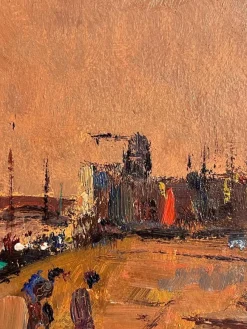 Pamono Manfredi, Boats on the Seine, 20th Century, Oil Painting on Panel><noscript><img width=