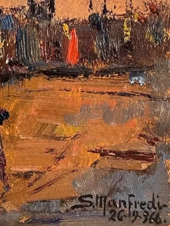 Pamono Manfredi, Boats on the Seine, 20th Century, Oil Painting on Panel><noscript><img width=