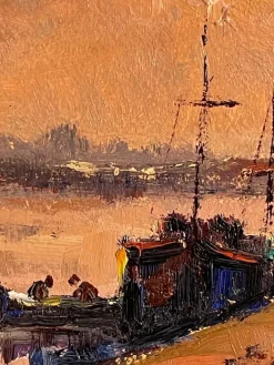 Pamono Manfredi, Boats on the Seine, 20th Century, Oil Painting on Panel><noscript><img width=