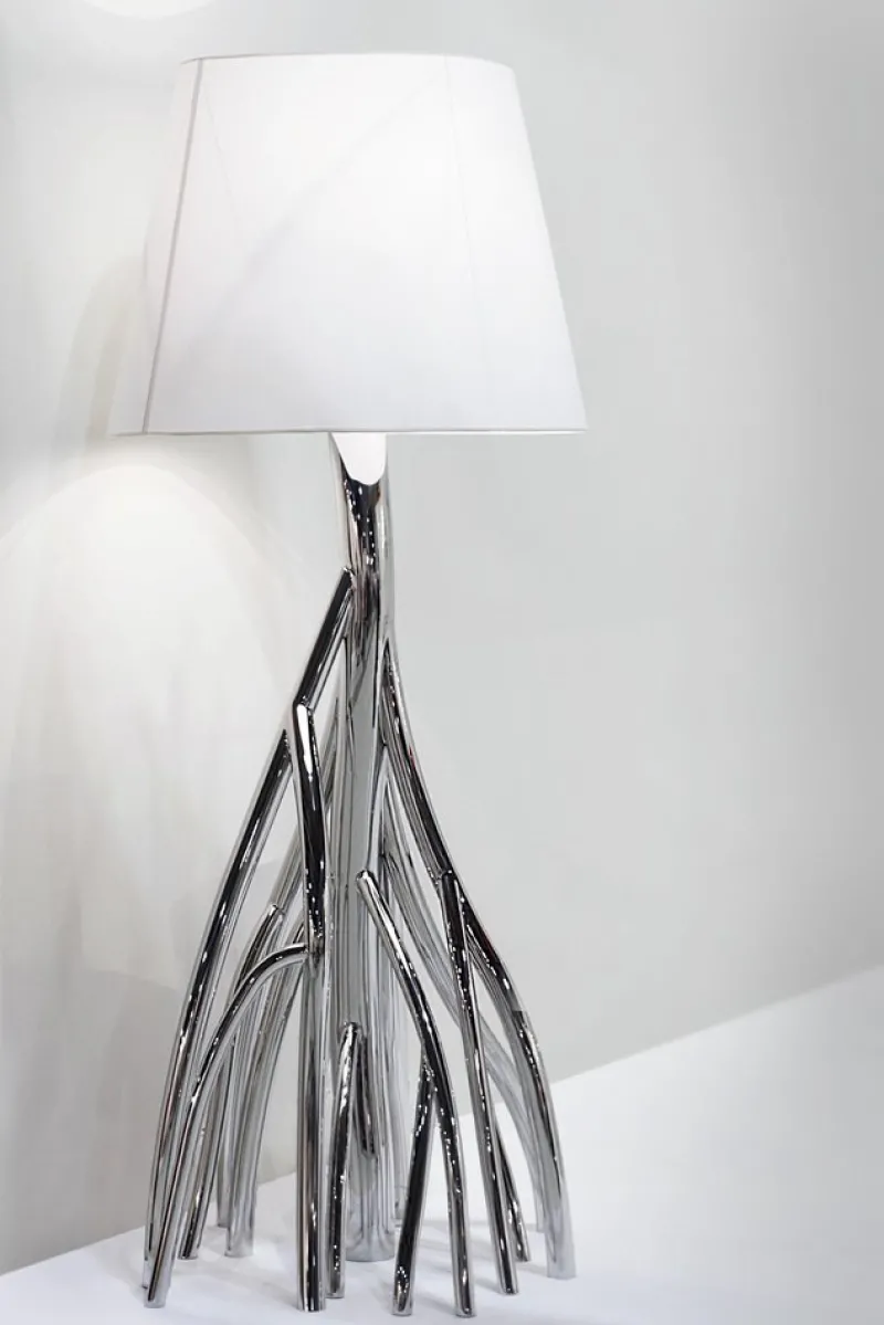 Best Pamono Mangrovia Floor Lamp in Polished Stainless Steel and Linen by Barberini & Gunnell