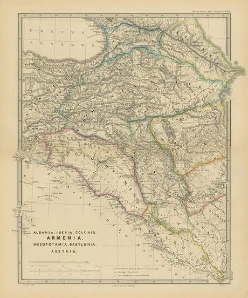 Pamono Map of Crossroads from Albania to Assyria, 1880> Wall Decor