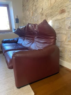 Pamono Maralunga Sofa and Armchairs in Burgundy Leather by Vico Magistretti for Cassina, 2000s, Set of 3