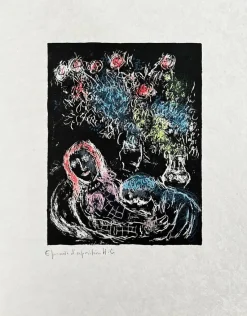 Pamono Marc Chagall, Couple sur fond noir, 1974, Lithograph> Abstraction|Prints & Multiples