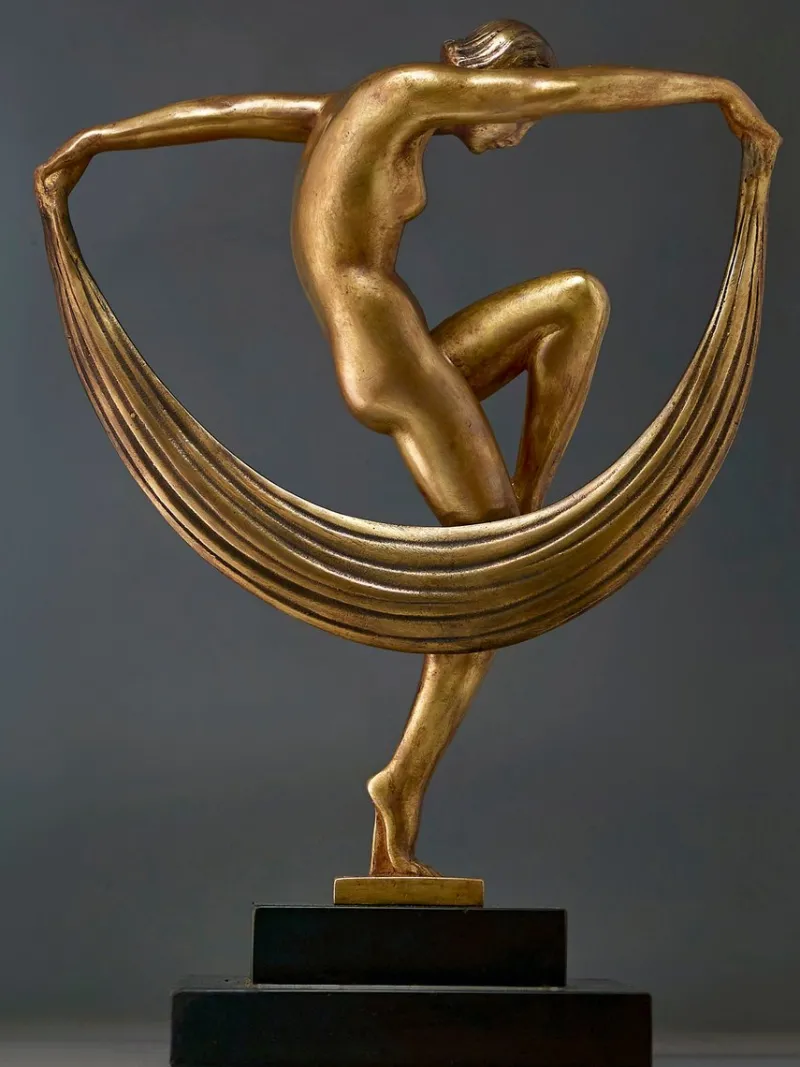 Pamono Marcel Bouraine / Denis, Art Deco Sculpture of Dancer with Veil, 1920s-1940s, Bronze on Marble> Art Deco