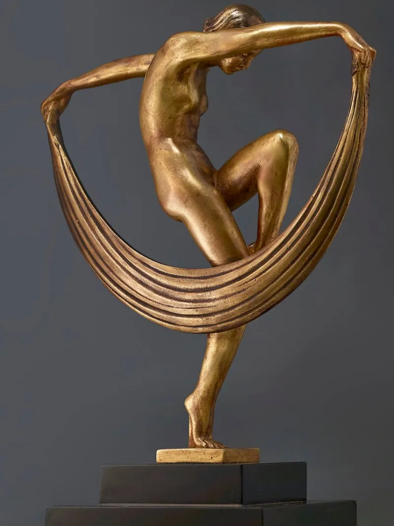 Pamono Marcel Bouraine / Denis, Art Deco Sculpture of Dancer with Veil, 1920s-1940s, Bronze on Marble> Art Deco