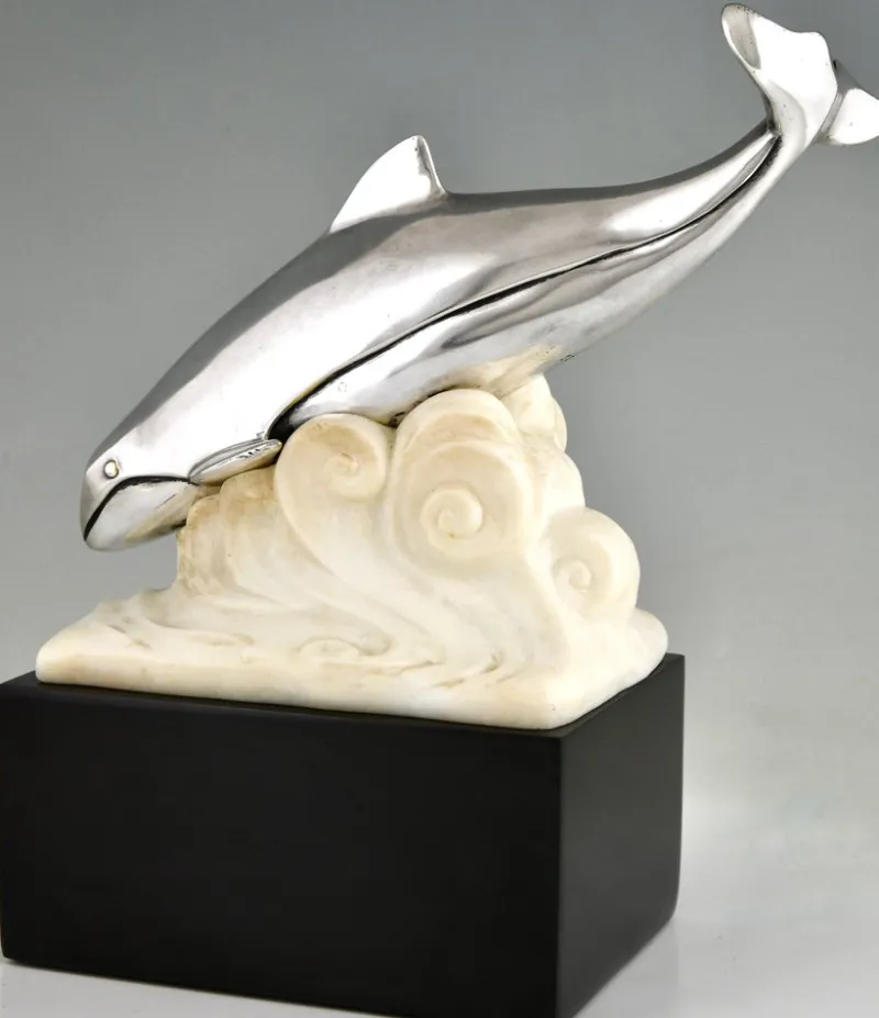 Pamono Marcel Bouraine, Art Deco Whale in the Waves, 1925, Bronze
