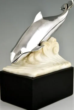 Pamono Marcel Bouraine, Art Deco Whale in the Waves, 1925, Bronze