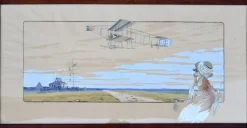 Pamono Marguerite Montaut, Airplanes, Boats and Spectators, 1909, Lithographs, Framed, Set of 2> Art Nouveau