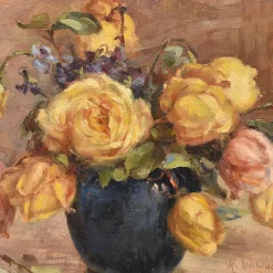 Pamono Marie Antoinette Queroy, Still Life with Yellow Roses, 20th Century, Oil on Canvas, Framed><noscript><img width=