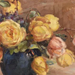 Pamono Marie Antoinette Queroy, Still Life with Yellow Roses, 20th Century, Oil on Canvas, Framed><noscript><img width=
