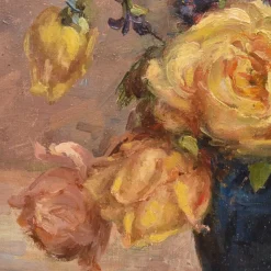 Pamono Marie Antoinette Queroy, Still Life with Yellow Roses, 20th Century, Oil on Canvas, Framed><noscript><img width=
