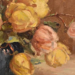 Pamono Marie Antoinette Queroy, Still Life with Yellow Roses, 20th Century, Oil on Canvas, Framed><noscript><img width=