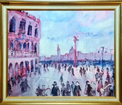 Pamono Mario Bonamici, Piazza San Marco, Doge's Palace, Venice, 1950s, Oil on Panel, Framed