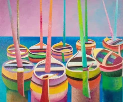 Sale Pamono Massimo Sonnino, Boats, Oil Painting, 1998
