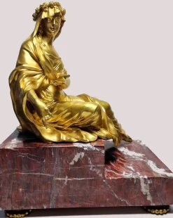 Pamono Mathurin Moreau, Dame qui pose, 1800s, Gilded Bronze with Red Marble Base> Art Nouveau|Classical