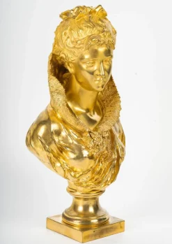 New Pamono Mathurin Moreau, Sculpture Representing a Bust of a Woman, Gilt Bronze