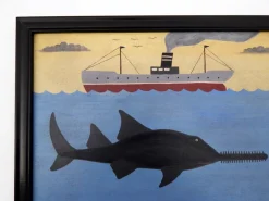 Pamono Matt Rix, Maritime Scene with Sawfish and Steamship, Oil on Board, Framed
