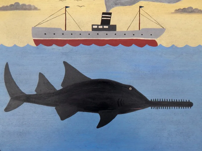 Pamono Matt Rix, Maritime Scene with Sawfish and Steamship, Oil on Board, Framed