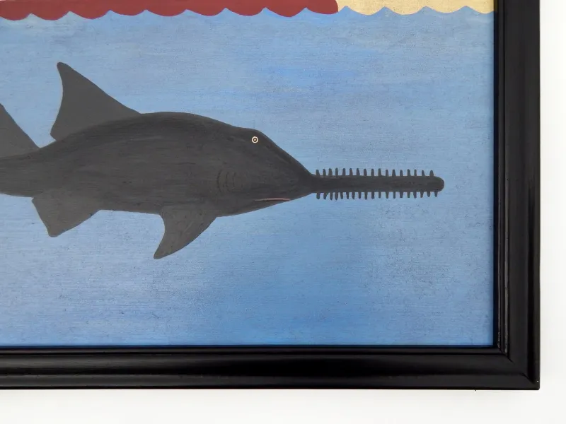 Pamono Matt Rix, Maritime Scene with Sawfish and Steamship, Oil on Board, Framed