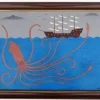 New Pamono Matt Rix, Naive Style Giant Squid & Sail Ship, Oil on Board, Framed