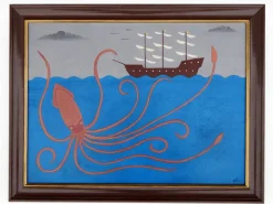 New Pamono Matt Rix, Naive Style Giant Squid & Sail Ship, Oil on Board, Framed