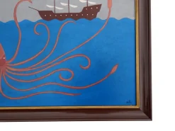 New Pamono Matt Rix, Naive Style Giant Squid & Sail Ship, Oil on Board, Framed