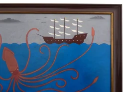 New Pamono Matt Rix, Naive Style Giant Squid & Sail Ship, Oil on Board, Framed