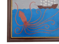 New Pamono Matt Rix, Naive Style Giant Squid & Sail Ship, Oil on Board, Framed