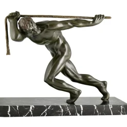 Pamono Maurice Guiraud Riviere, Art Deco Sculpture of Male Nude Athlete with Rope, 1930, Bronze & Marble