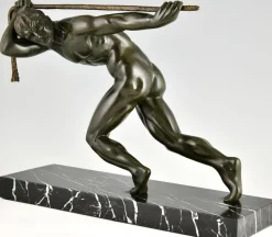 Pamono Maurice Guiraud Riviere, Art Deco Sculpture of Male Nude Athlete with Rope, 1930, Bronze & Marble