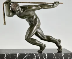 Pamono Maurice Guiraud Riviere, Art Deco Sculpture of Male Nude Athlete with Rope, 1930, Bronze & Marble
