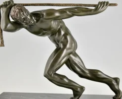 Pamono Maurice Guiraud Riviere, Art Deco Sculpture of Male Nude Athlete with Rope, 1930, Bronze & Marble