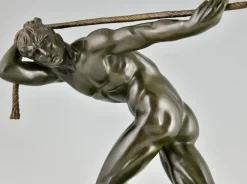 Pamono Maurice Guiraud Riviere, Art Deco Sculpture of Male Nude Athlete with Rope, 1930, Bronze & Marble