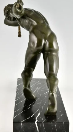 Pamono Maurice Guiraud Riviere, Art Deco Sculpture of Male Nude Athlete with Rope, 1930, Bronze & Marble