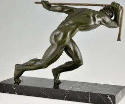 Pamono Maurice Guiraud Riviere, Art Deco Sculpture of Male Nude Athlete with Rope, 1930, Bronze & Marble