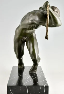 Pamono Maurice Guiraud Riviere, Art Deco Sculpture of Male Nude Athlete with Rope, 1930, Bronze & Marble