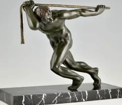 Pamono Maurice Guiraud Riviere, Art Deco Sculpture of Male Nude Athlete with Rope, 1930, Bronze & Marble