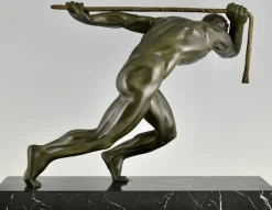 Pamono Maurice Guiraud Riviere, Art Deco Sculpture of Male Nude Athlete with Rope, 1930, Bronze & Marble