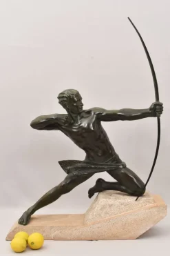 Pamono Maxi Le Verrier, Art Deco Warrior or Archer, 1920s, Antimony with Stone Base> Art Deco