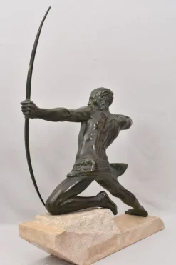 Pamono Maxi Le Verrier, Art Deco Warrior or Archer, 1920s, Antimony with Stone Base><noscript><img width=