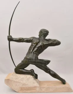 Pamono Maxi Le Verrier, Art Deco Warrior or Archer, 1920s, Antimony with Stone Base><noscript><img width=