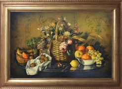 Pamono Maximilian Ciccone, Italian Still Life of Flowers & Fruit, Oil on Canvas, Framed> Old Masters