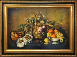Pamono Maximilian Ciccone, Italian Still Life of Flowers & Fruit, Oil on Canvas, Framed> Old Masters