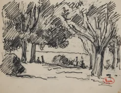 Pamono Maximilien Luce, Walkers in the Woods, Original Signed Drawing> Work On Paper