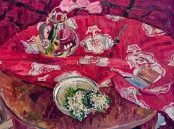 Pamono Maya Kopitzeva, Still Life with Lilies of the Valley and a Red Tablecloth, 1979, Oil on Canvas> Painting