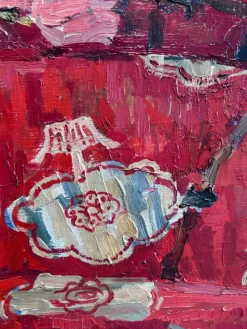 Pamono Maya Kopitzeva, Still Life with Lilies of the Valley and a Red Tablecloth, 1979, Oil on Canvas><noscript><img width=