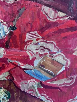 Pamono Maya Kopitzeva, Still Life with Lilies of the Valley and a Red Tablecloth, 1979, Oil on Canvas><noscript><img width=