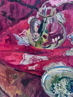 Pamono Maya Kopitzeva, Still Life with Lilies of the Valley and a Red Tablecloth, 1979, Oil on Canvas><noscript><img width=