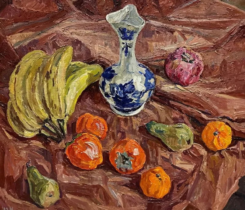 Outlet Pamono Maya Kopitzeva, Still Life with Blue Vase and Oranges, Oil Painting, 1987